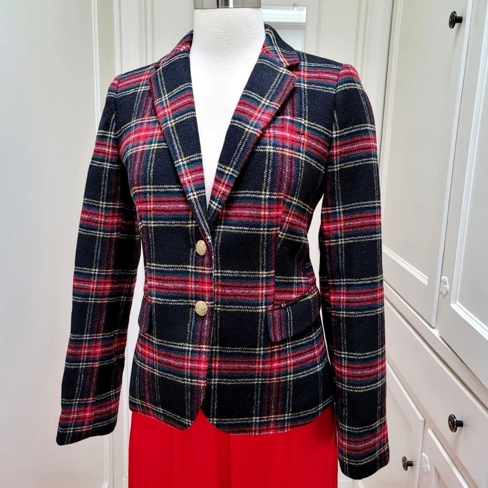 New! J.Crew Size 14 Wool-blend Schoolboy Blazer Jacket Black Tartan Plaid NWT